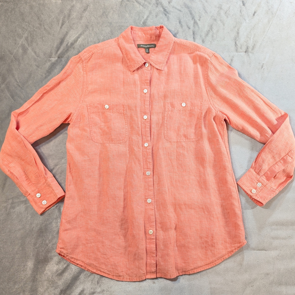 Tommy Bahama 100% Linen Women's Medium Coral/Orange Long Sleeve Button Up Shirt